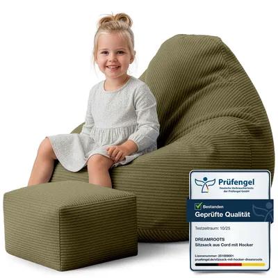 Image de Dreamroots Bean Bag 70x70x70 cm Pouf enfants et pouf et housse Coussin de sol Chill Sack Bubibag Pouf avec garnissage, olive foncée