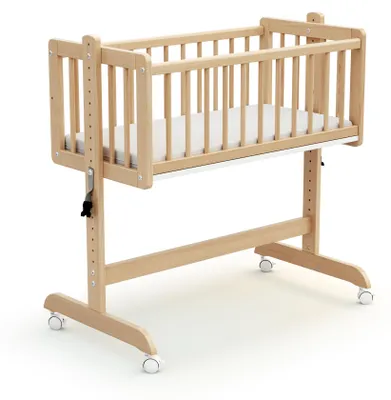 Produktbild von WEBABY - Wiege Babybett Beistellbett Holz mit Matratze NINO Lackierte Buche | 5 in 1 Wiege |Holz | Babybett mit Matratze | Höhenverstellbar | 80x40cm