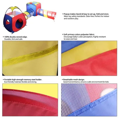 Imagen del producto de Túnel infantil 4 en 1, tienda de juegos tipo pop-up con túnel y piscina de pelotas, de colores, para uso en interiores y exteriores