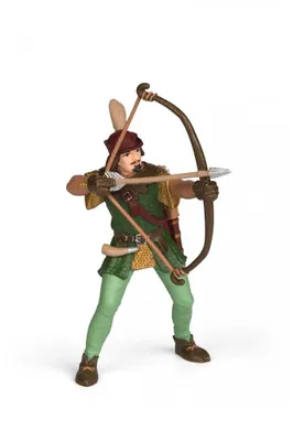 A toy figurine of Robin Hood aiming a bow and arrow.