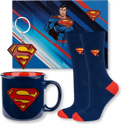 Produktbild von Set aus Socken, Tasse und Schlüsselanhänger SUPERMAN von SOXO, Herrensocken Größe 40-45, Geschenk für Männer, Geburtstagsgeschenk für Papa