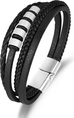 Zdjęcie produktu dla Bransoletka meska skorzana czarna pleciona stal 316L prezent 21cm