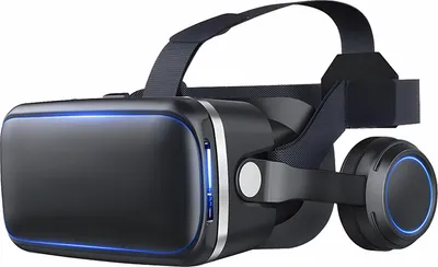 A 3D VR headset with integrated headphones, shown from a diagonal angle against a white background.