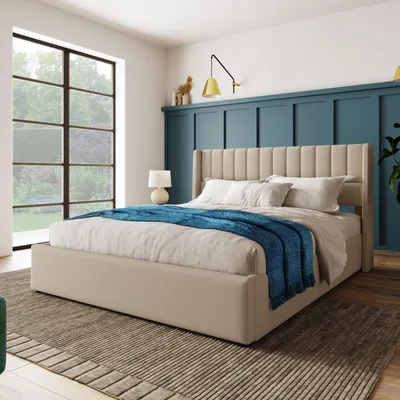 Immagine prodotto di Letto matrimoniale idraulico con contenitore, testata a righe verticali, beige, 160 x 200 cm