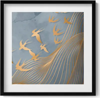 Produktbild von Illustration von fliegenden Vögeln– Wandbild mit Rahmen – Gerahmtes Bild  – Wanddekoration – 50x50 cm –  Schwarz Rahmen