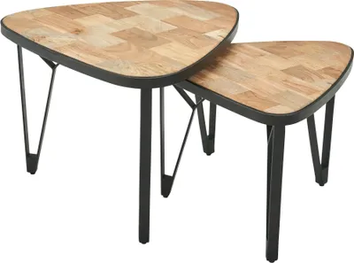 Produktbild von Design Couchtisch 2er Set Mango / Akazie Massivholz Satztisch Dreieckig | Wohnzimmertisch Braun mit Metallbeine | Tischset 2-teilig Satztisch Holz / Metall Schwarz