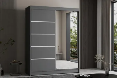 Produktbild von Krudox Kleiderschrank Schiebetür Grau 120 cm mit Spiegel Schlafzimmer Mehrzweckschrank mit Kleiderstange