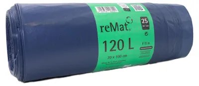 Image de Sacs de recyclage reMat de 120 litres, contenant au moins 90 % de matériaux recyclés, 250 sacs résistants à la déchirure pour les déchets, épaisseur 40 µm, idéaux pour les déchets de rénovation légers, les déchets ménagers et la collecte de matériaux recyclables, 10 rouleaux