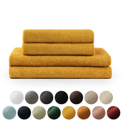 Zdjęcie produktu dla Zestaw ręczników frotte premium Blumtal z pętelkami do zawieszania - certyfikowana bawełna Oeko-TEX, miękka, bardzo chłonna - 2X ręcznik kąpielowy (70x140 cm), 2X ręcznik do rąk (50x100 cm), Spicy Mustard (żółty)