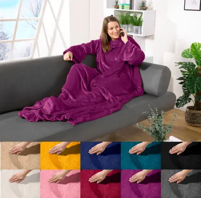 Obrázek produktu pro heimtexland ® Rukávová přikrývka TV útulná přikrývka s rukávy kapsy nánožník super měkká flanelová nositelná přikrývka celotělová přikrývka typ870 berry 180x150 cm