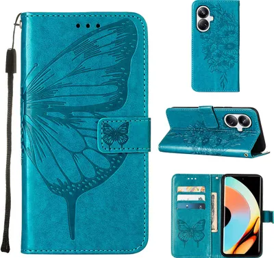 Produktbild von Lederhülle für Realme 10 Pro+ 5G Schmetterling Prägung Flip Ledertasche Kartenfächer Handyhülle mit Ständer Blau