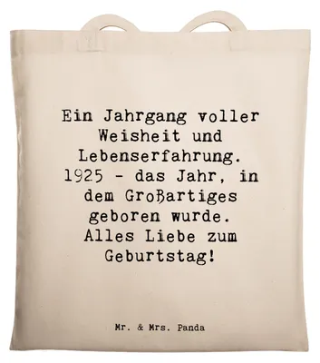 Produktbild von Mr. & Mrs. Panda Tote Bag Spruch 1925 Geburtstag - Transparent - Geschenk, Tasche, Geburtstagsgeschenk, Jubiläum, Happy Birthday, Jahrgang, Alter, feiern, Laptoptasche