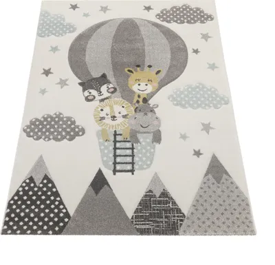 Produktbild von Kinderzimmer Teppich Blau Grau Heißluftballon Wolken Tiere 3-D Design Pastell Grösse 140x200 cm