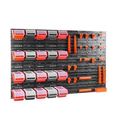 Image de Étagère murale d'atelier Support d'outils Boîtes empilables panneaux muraux avec boîtes Étagère de tri 20 pcs. Box avec couvercle Étagère murale 120 x 80 cm Porte-outils Étagère à bacs Bacs à bec Système de stockage en plastique