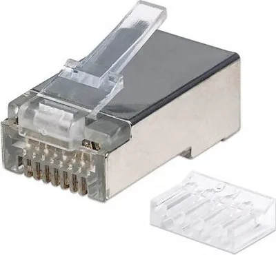 Produktbild von Intellinet 90er-Pack Cat6 RJ45-Modularstecker, STP, 3-Punkt-Aderkontaktierung, für Massivdraht, 90 Stecker im Becher, RJ45, Satinierter Stahl, Männlich, Gerade, Polycarbonat (PC), Cat6