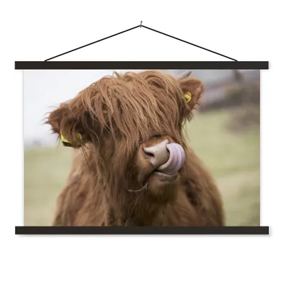 Produktbild von MuchoWow® Textilposter Schottischer Highlander - Braun - Kuh 60x40 cm mit schwarzem Rahmen - Hölzernes