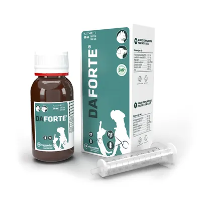 A bottle of Daforte Oale Suspension, its packaging box, and a syringe are displayed on a white background.