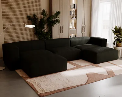 Obrázek produktu pro FURMEB24 Rohová pohovka LILI ve tvaru U s otomanem, HR pěna, manšestrová tkanina 348 x 180 cm ČERNÁ