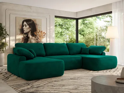 Produktbild von MKS MEBLE U-förmige Eckcouch, Wellenfeder, Ecksofa mit Schlaffunktion, Bettkasten und lose Kissen, 370x187x100cm - CUBO U - Dunkelgrün Velvet