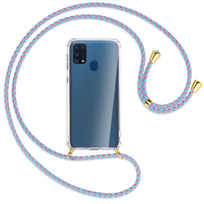 Produktbild von Handykette Backcover-Schutzhülle mit Band (Metall goldfarben) für Samsung Galaxy M31 - pink/mint