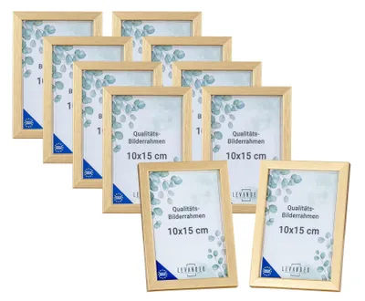 Produktbild von 10 Stück Bilderrahmen Echtholz  EU 10x15 Gold mit Glasscheibe Portrait Fotorahmen Set Holz Kiefernholz Picture Frame