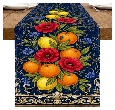 Produktbild von Tischläufer mit buntem Obstblumenmuster für den Herbst, 33 x 183 cm