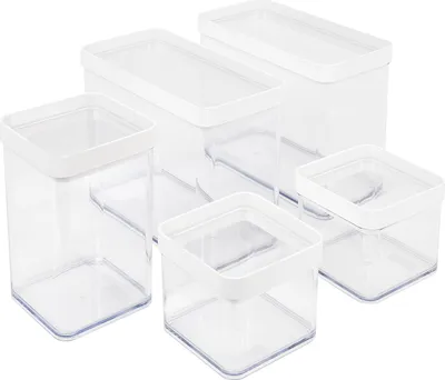 A set of five clear plastic food storage containers with white lids, arranged on a white background.