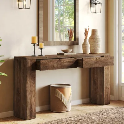 Produktbild von Tribesigns Konsolentisch, 160 cm Flurtisch, Eingangstisch 2 Schubladen,  Massivholz-Sofatisch für hinter dem Sofa, für Wohnzimmer und Eingangsbereich