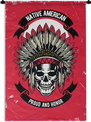 Produktbild von MuchoWow® Wandteppich Wandbehang Totenkopf - Indianerwappen - Retro - Zeichnung 60x90 cm Tapisserie Dekoration Wandtuch - Foto-Teppich - Abwaschbar