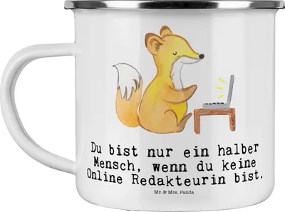 Produktbild von Mr. & Mrs. Panda Teetasse Online Redakteurin Herz - Weiß - Geschenk, Teebecher, becher emaille, Tasse, Pott, blechbecher