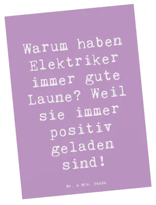 Produktbild von Mr. & Mrs. Panda Ansichtskarte Spruch Positiver Elektriker - Lavendeltraum - Geschenk, Ansichtskarten, Handwerker, Postkarte, gute Laune, Familie, Kunstkarten, Lächeln