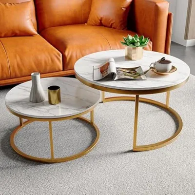 Image de Ensemble de deux tables d'appoint - Tables rondes de style industriel avec structure en métal doré et plateau en bois