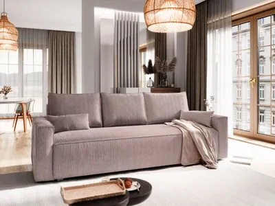 Produktbild von Sofa MENI Lila Kordstoff mit Schlaffunktion, Sofa mit Bettkasten, Sofa mit Bettkasten, Wohnzimmersofa, Couch, Soffa, Bettsofa, Couchgarnitur- Lila, POSO 130