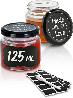 Produktbild von 25 Marmeladengläser Klein 125ml - Mit Etiketten & Stift - Luftdicht - Spülmaschinenfest - Ideal zum Verschenken