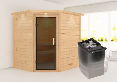 Produktbild von Karibu Sauna Innensauna Mia Eckeinstieg Ofen 9 kW integr. Strg 224x184x202 cm mit Dachkranz mit Graphittür