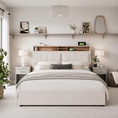 Immagine prodotto di okwish Letto imbottito 140 x 200 cm, letto matrimoniale con 4 cassetti e presa USB-C, testiera regolabile in altezza, rete in legno (materasso non incluso)
