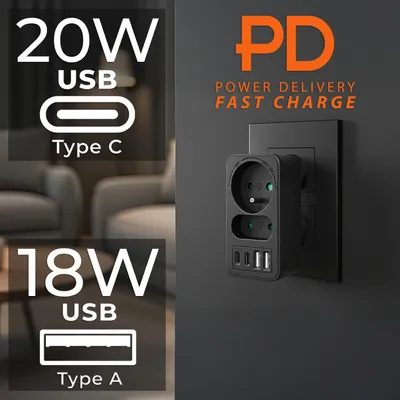 Imagen del producto de Maclean: Enchufe múltiple con 2 tomas de corriente + 4 puertos USB.* 2 tomas de corriente.* 2 puertos USB-A.* 2 puertos USB-C con carga rápida (PD) de 20W.* 1 enchufe de 16A + 1 enchufe de 6A.* Modelo: MCE249