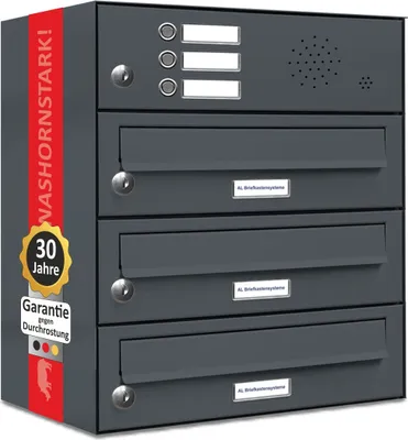 A dark gray, multi-unit mailbox system with a red stripe on the left side featuring text and logos.