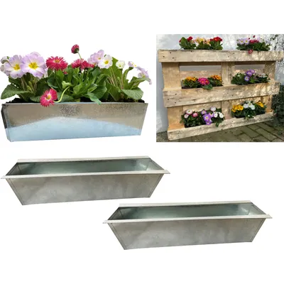 Produktbild von 2er Set Zink Paletten Blumenkästen - Einsatz 38cm groß Silber - aus Metall verzinkt - Zinkkasten Pflanzkasten Balkonkasten Blumentopf für Europaletten