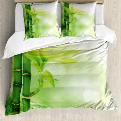 Produktbild von ABAKUHAUS Pflanze Bettbezug Set, Chinesisches Ökologie-Bild von Bambus, das aus der ruhigen Gelassenheit des Wassers heraus haftet, 200 x 200 cm + 80 x 80 cm, Smaragdgrün
