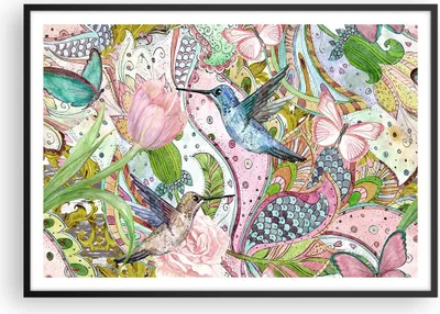 Produktbild von Gerahmtes Poster - Schwarzer Rahmen - Vogel Schmetterling Blume - 100x70 cm - Wand Bild - Wanddeko - Wandbilder - Wandposter - Bilderrahmen - Bilder - Kunstdruck - Wandbild - P2BAA100x70-4065