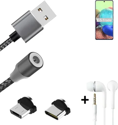 Produktbild von K-S-Trade® Hochwertiges Magnet-Lade-kabel Sync-Kabel Daten-Kabel + Kopfhörer kompatibel mit Oppo A72 5G mit USB-Typ-C-Anschluss und