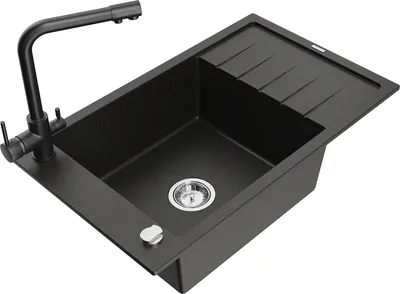 Produktbild von Mexen Elias 1 Becken-Granitspüle mit Abtropffläche und Mischbatterie Duero, Schwarz/Gold metallisch - 6511-75-671600-70