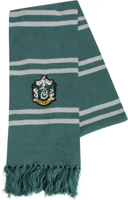 A Harry Potter Slytherin scarf with a crest.