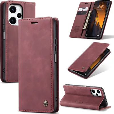 A collage of images showing a red flip-style phone case from different angles, including one with a phone inside and cards.