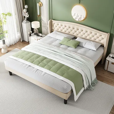 Obrázek produktu pro Čalouněná postel Merax 160x200 cm s čelem a roštovým rámem, postel pro mládež s knoflíkovým dekorem a rámem z masivního dřeva, postel z masivního dřeva, manželská postel ze sametu, béžová barva