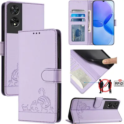 Produktbild von Leder Hülle für TCL 505 Süße Katze Flip Case Brieftasche Schutzhülle mit Standfunktion Lila