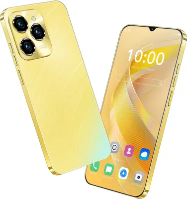 A gold smartphone is shown from two angles against a white background. One angle shows the back with the camera array, and the other shows the front with the screen displaying the time and icons.