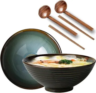 Produktbild von Ramen-Schüssel-Set aus japanischer Keramik – 2-teilig – 1200 ml – mit Löffel und Essstäbchen – für Müsli, Suppe, Salat und Pasta