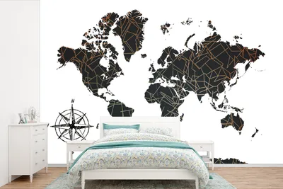 Produktbild von MuchoWow® Fototapete für Wohnzimmer oder Schlafzimmer Wandtapete Vinyl Motivtapete Weltkarte - Schwarz - Weiß - Kupfer - 360x240 cm - Vinyl-Tapete